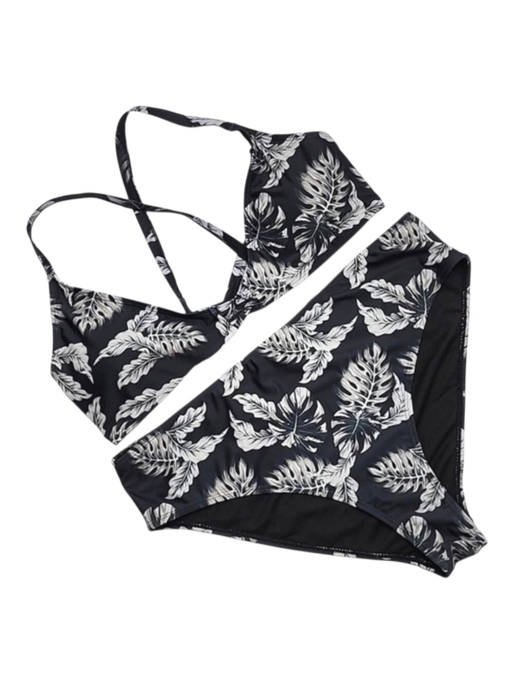 NWT XOXO Women's Black White Tropical Leaf Strappy Bikini Set 3X